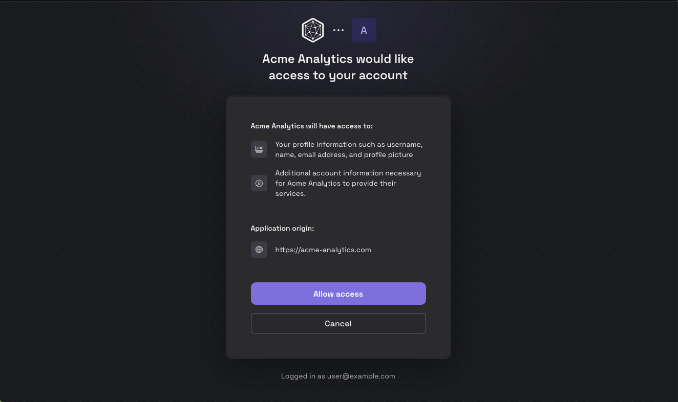 Écran d’autorisation OAuth d’Hexagone Leads, montrant une application d’exemple